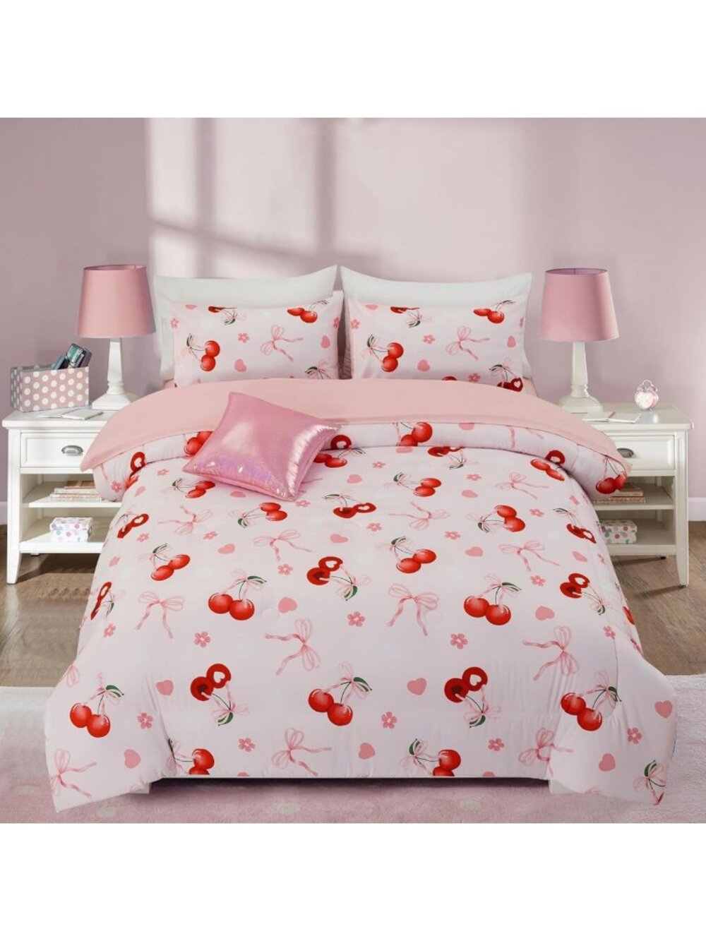 Pink Cherries Comforter Set - Cartoon Hearts & Flowers, Lightweight Twin Bedding